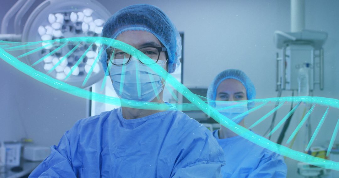 Surgeons in Operating Room with Digital DNA Strand Overlay