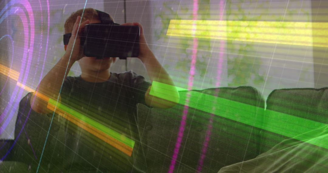 Caucasian Boy Experiencing Virtual Reality with Neon Trailing Lights