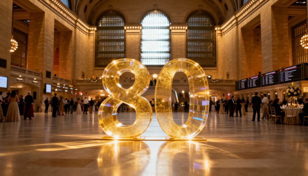 Glowing Golden 80 Sculpture Casting Warm Light in Grand Station Concourse at Gala