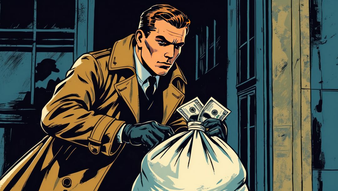 Secretive bank robber in trench coat handling money in mysterious setting