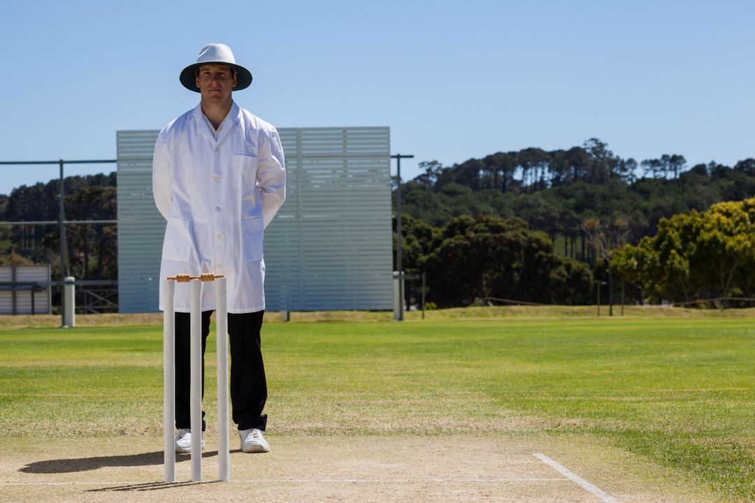 Full length of umpire standing behind stumps during cricket match - Free Images, Stock Photos and Pictures on Pikwizard.com