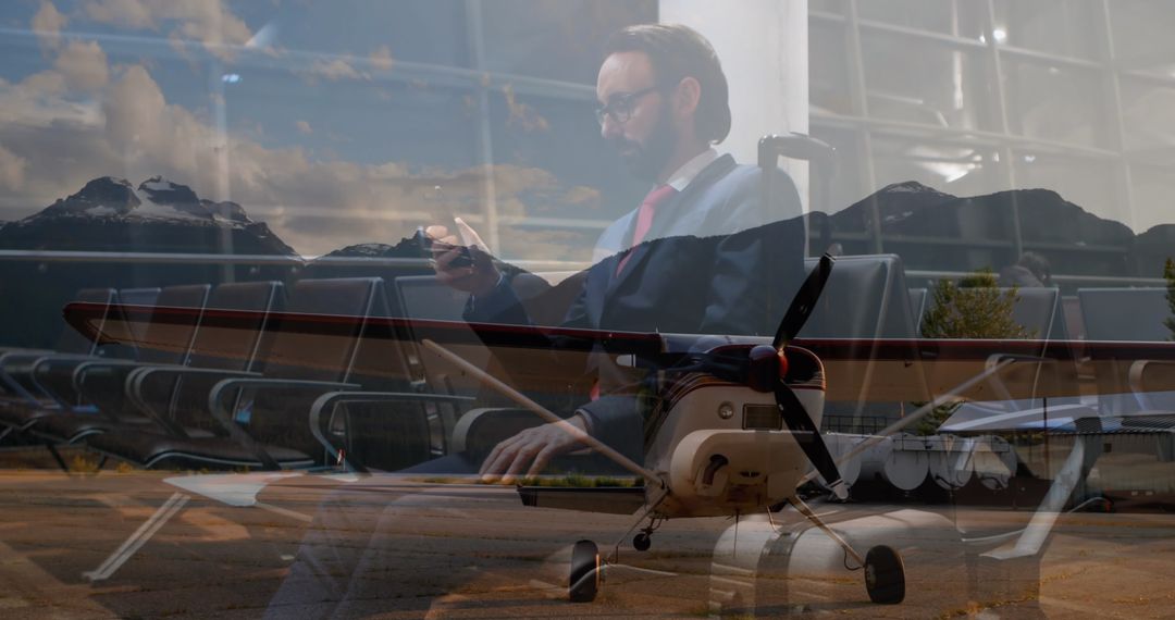 Businessman in Airport Lounge with Prop Plane Overlap