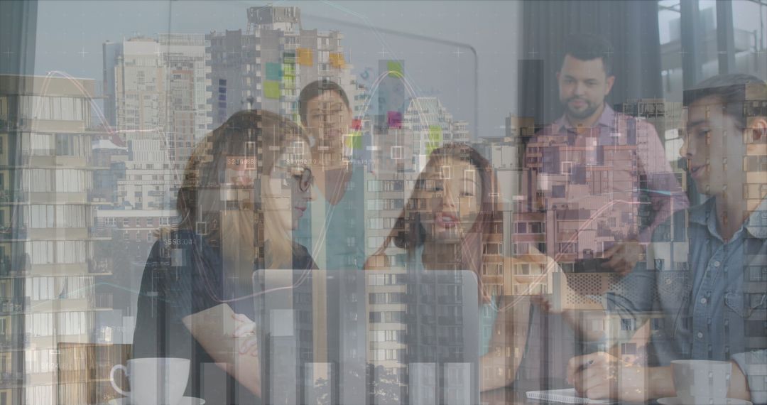 Diverse Team Discussing Financial Data Overlaid on Urban Cityscape