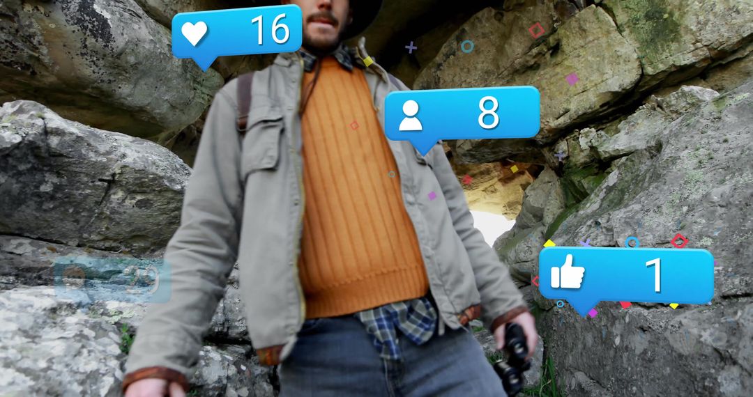 Adventurous nature explorer surrounded by social media icons