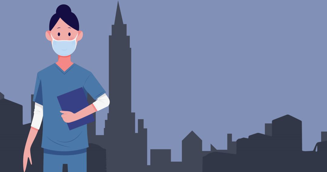 Female Health Worker in Mask Against Urban Backdrop