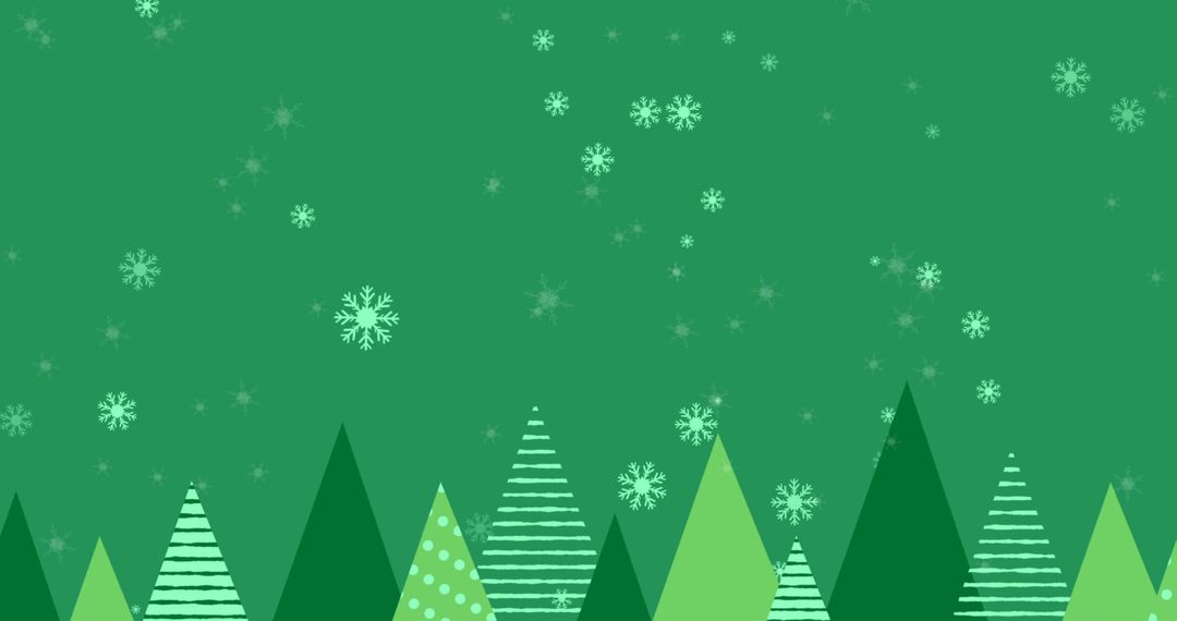 Snowflakes Falling Over Christmas Tree Icons on Green Background