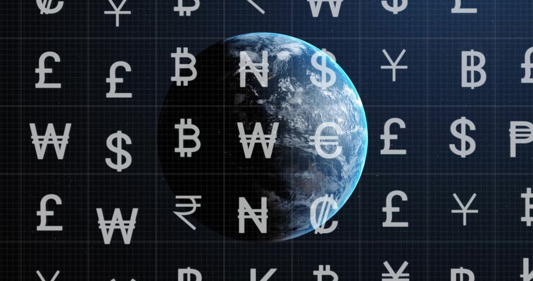 Global Currency Symbols Overlay on Earth with Digital Data