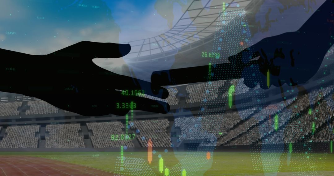 Silhouette of Baton Pass Overlaid with Financial Data in Stadium