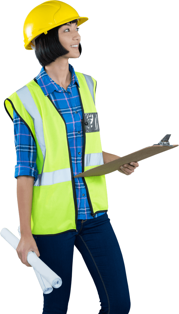 Smiling Female Architect in Safety Gear Holding Clipboard Transparent Background