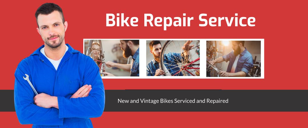 Professional bike repair service promotion with skilled mechanic