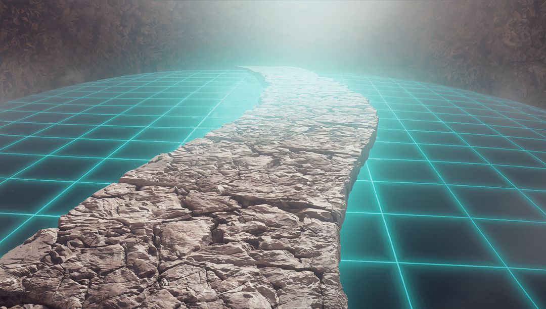 Neon Grid Canyon with Cracked Rock Path Leading into Foggy Light, Futuristic Corridor