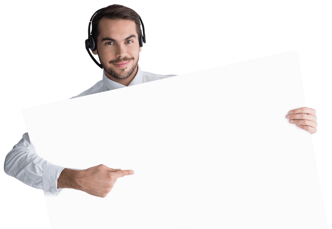 Businessman Pointing at Blank Transparent Sign Wearing Headset