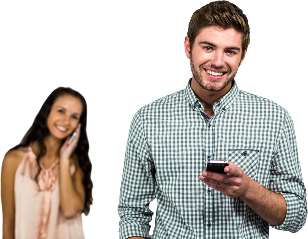 Smiling Young Couple Using Smartphones on Transparent Background - Download Free Stock Images Pikwizard.com