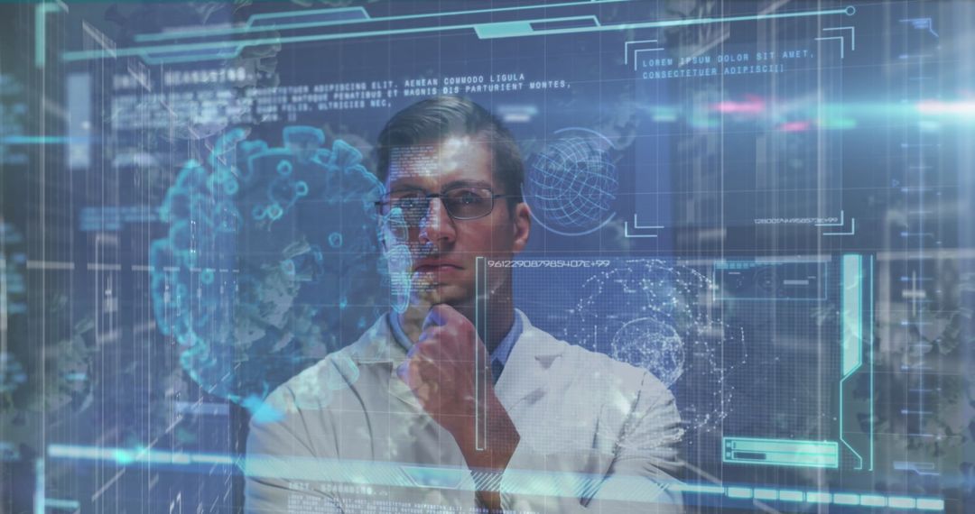 Caucasian Male Doctor Analyzing Digital Virus Data Interface