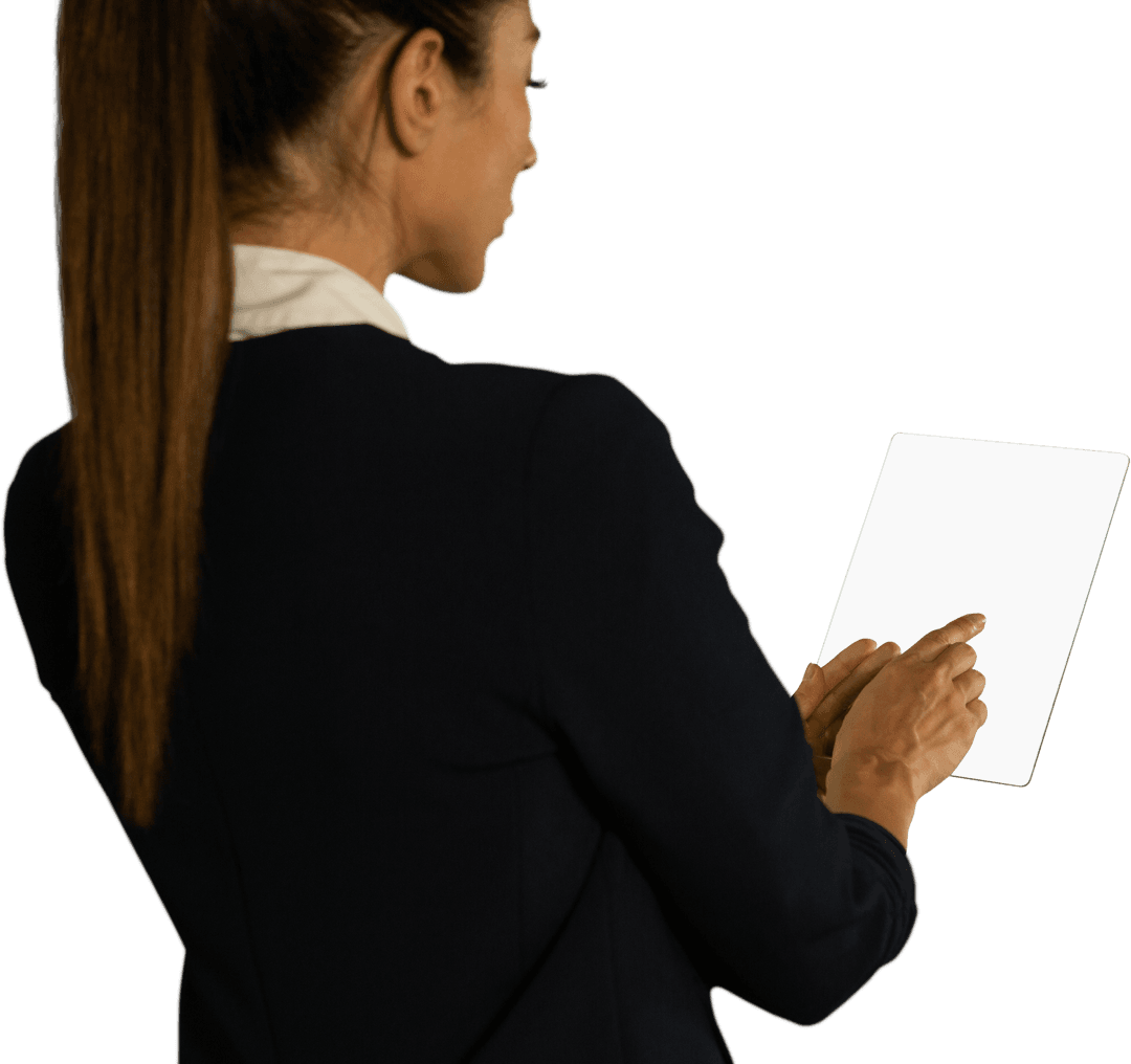 Rear View Woman Interacting with Transparent Screen in Office Attire