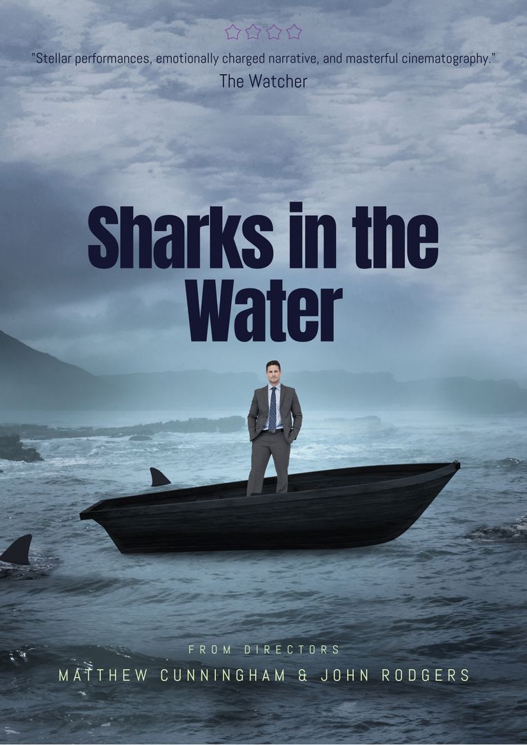 Businessman on Boat in Ocean with Sharks, Corporate Tension Concept - Download Free Stock Templates Pikwizard.com