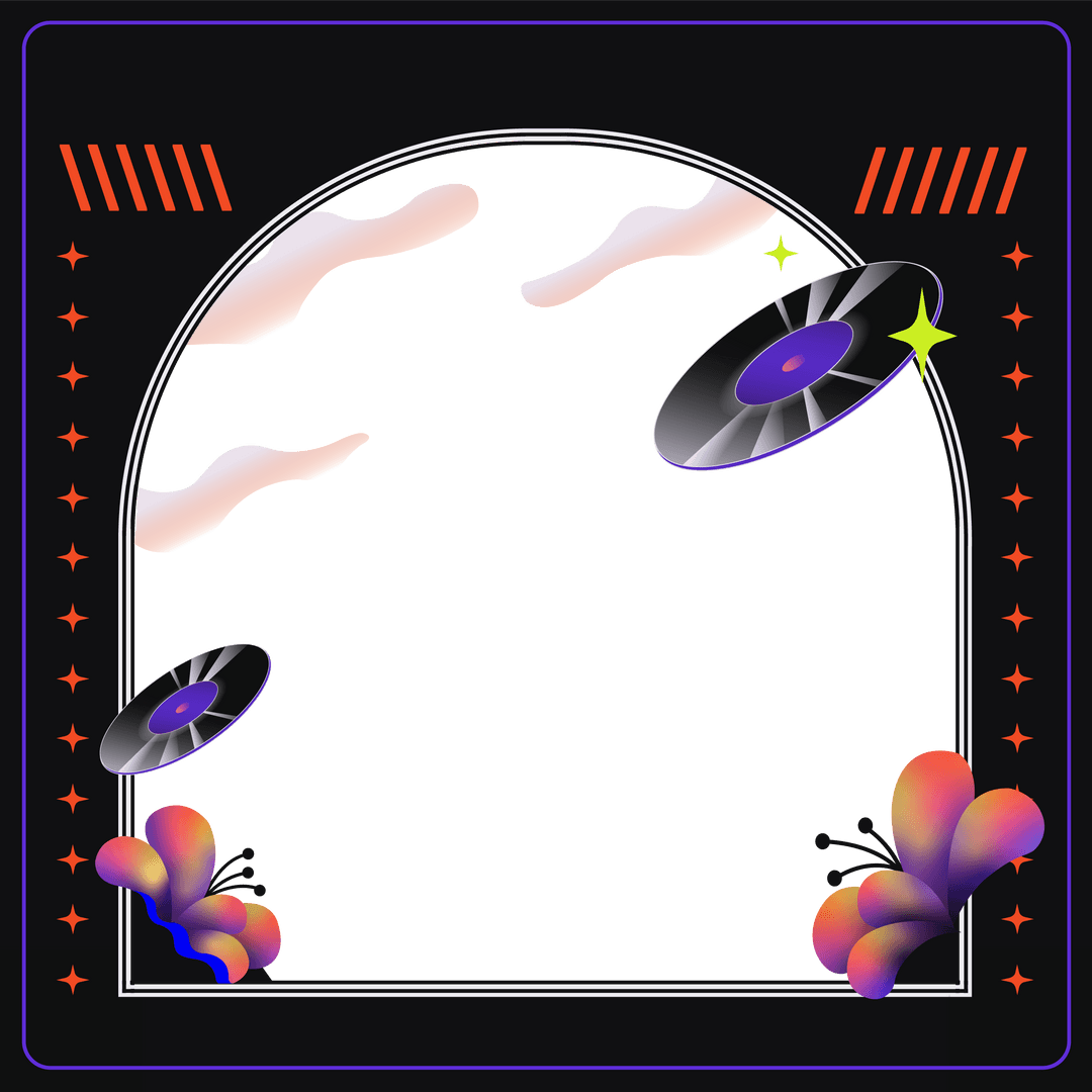 Retro Vinyl Records on Transparent Neon Arch Frame with Clouds