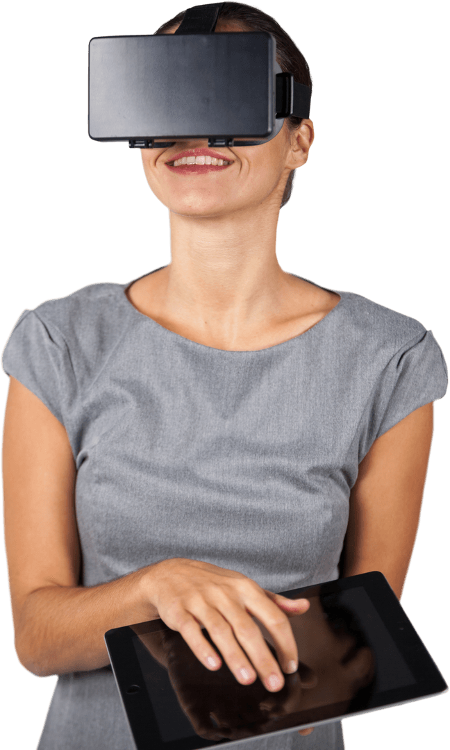 Transparent Woman Using Virtual Reality with Tablet in Hands