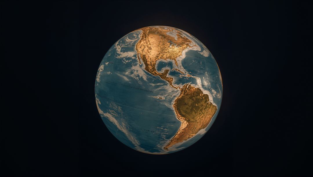 Floating Golden Earth Showing Illuminated Americas, Ocean Currents and Cloud Bands for Space Design