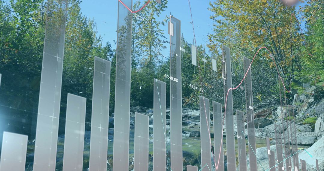 Transparent Bar and Line Graphs Over Scenic Mountain Stream