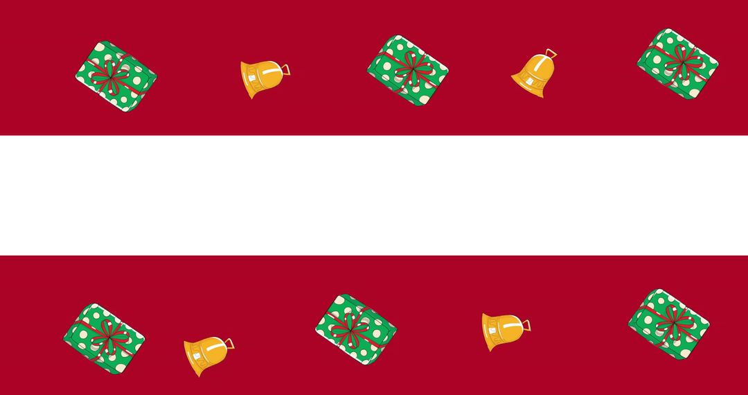 Christmas Pattern with Bells and Gifts on Red Background