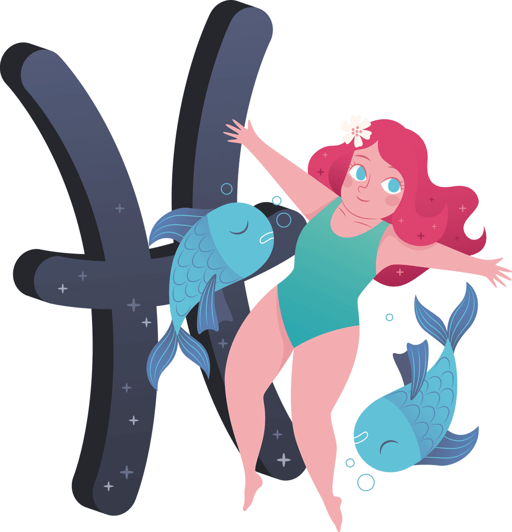 Colorful Mermaid with Fish Zodiac Vector Transparent Background