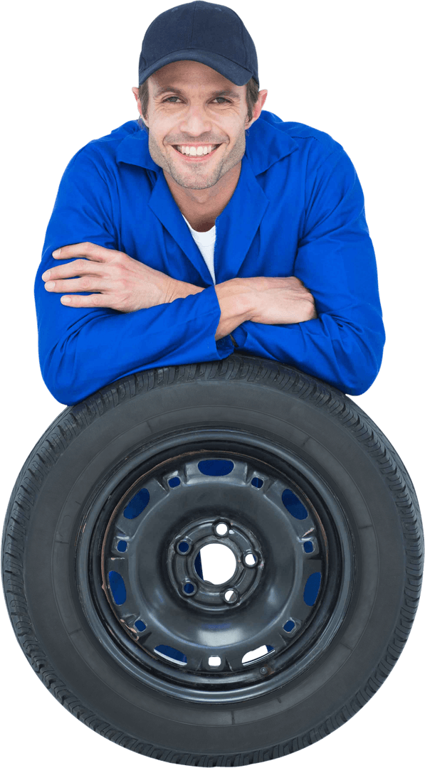 Transparent Smiling Mechanic Leaning on Spare Tire