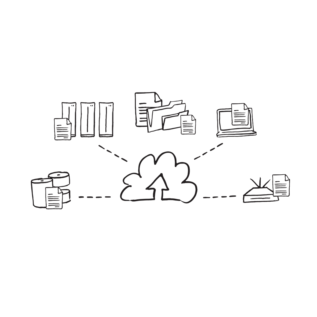 Cloud Computing Diagram with Business Symbols on Transparent Background