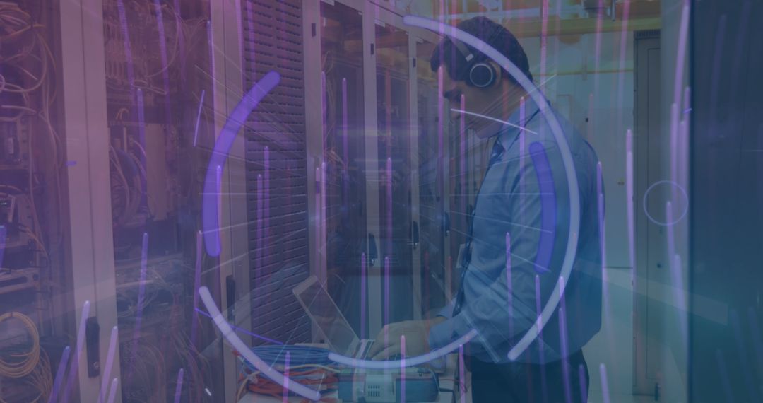 Technician Analyzing Server Room with Digital Overlay Effects