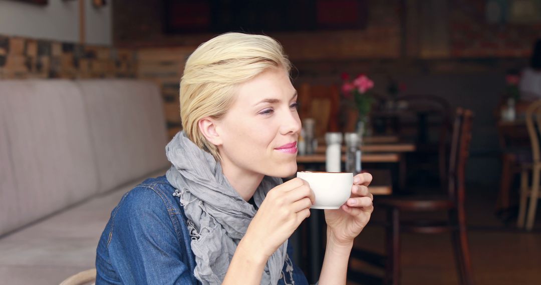 Relaxed Woman Enjoying Coffee in Cozy Café - Free Images, Stock Photos and Pictures on Pikwizard.com