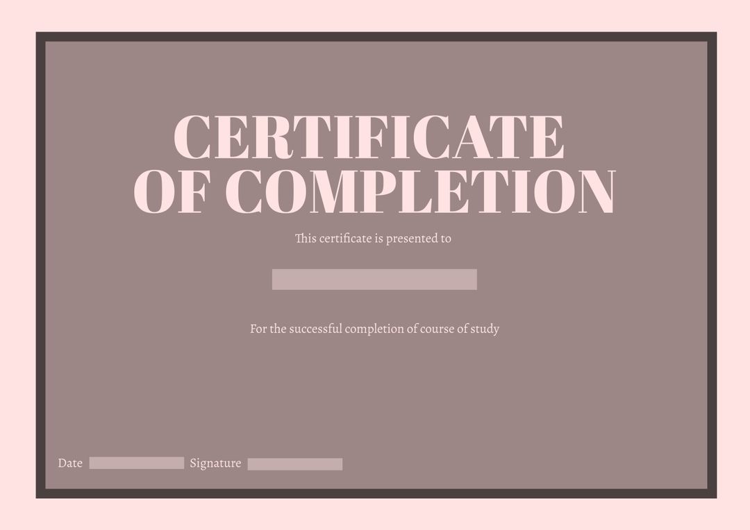 Elegant Certificate of Completion Template in Pink and Brown Color Scheme - Download Free Stock Templates Pikwizard.com
