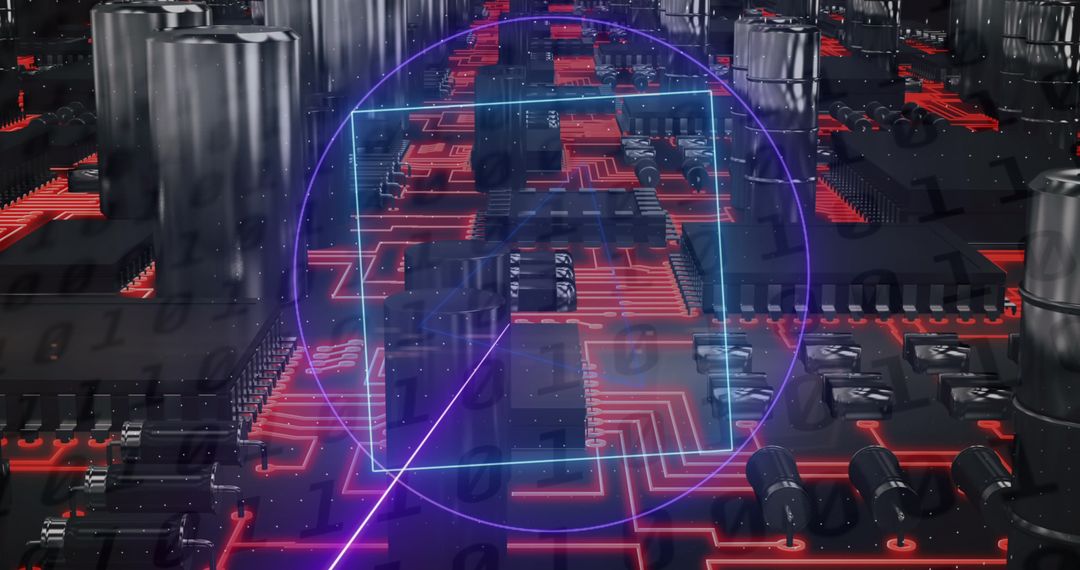 Neon shapes on digital circuit board with binary code overlay