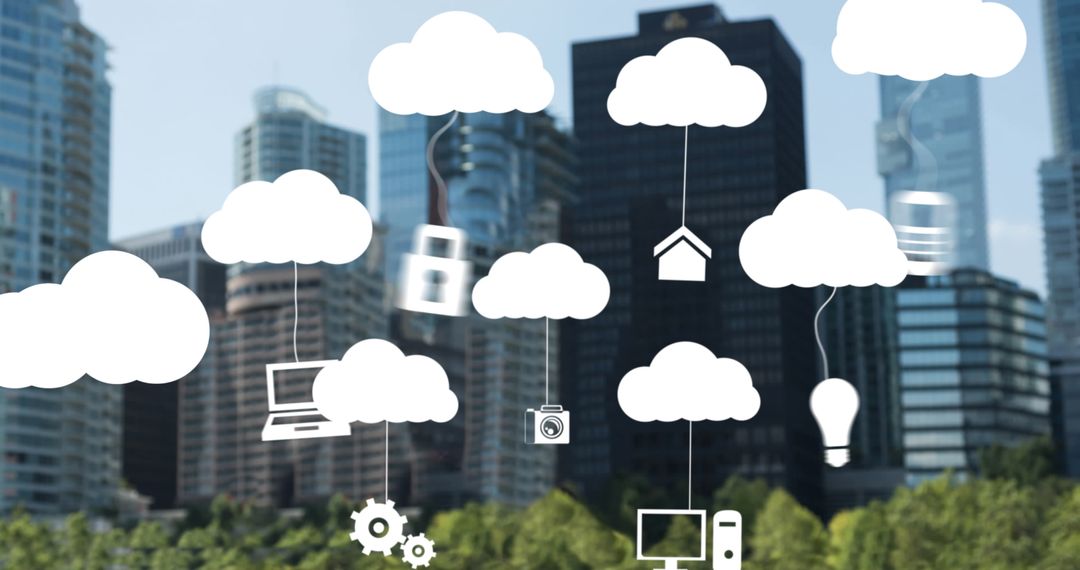 Cloud Computing Icons Over Modern City Skyline