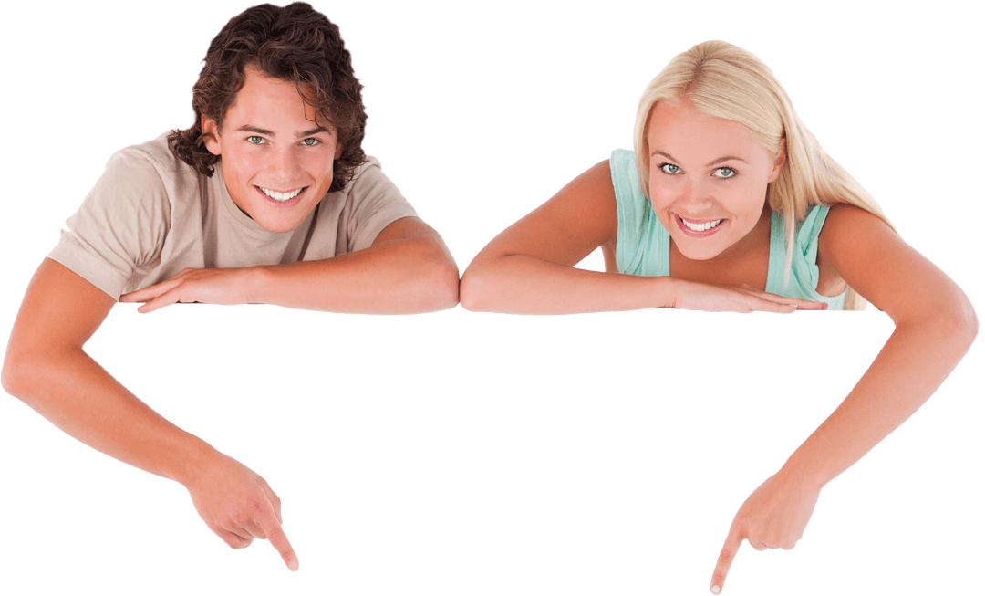 Smiling Couple Pointing at Transparent Space for Advertising
