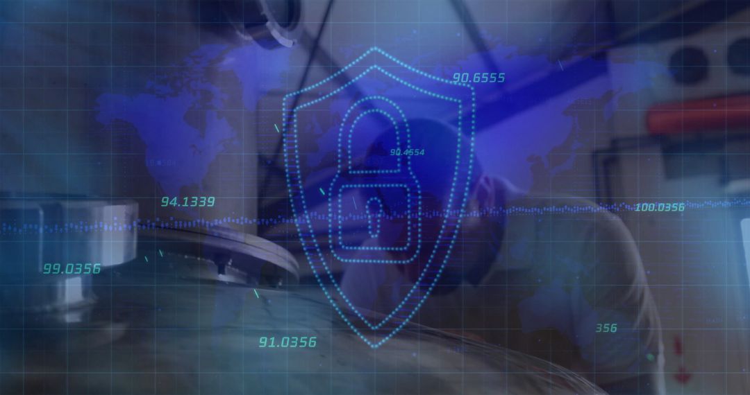 Technician Examining Industrial Vessel with Digital Cybersecurity Overlay