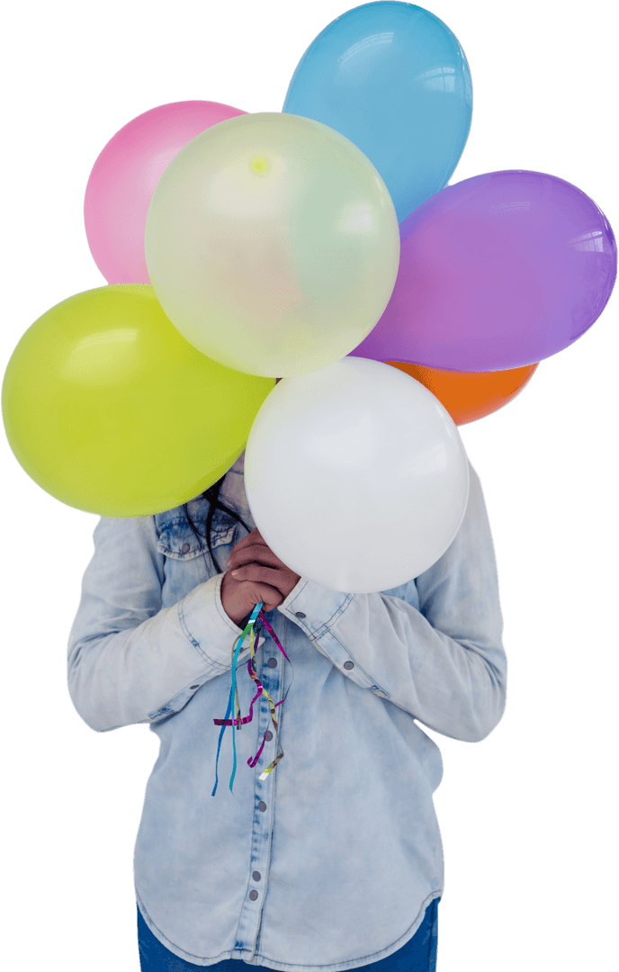 Transparent Balloons Hiding Face in Playful Gesture