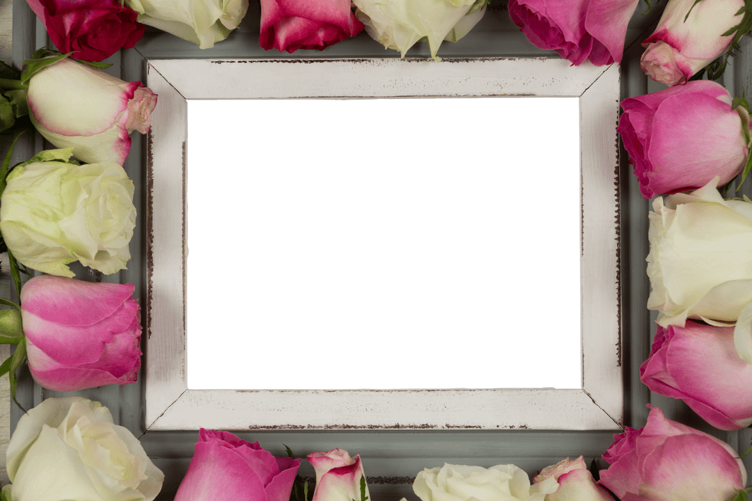 Empty Rustic Frame Surrounded by Pink and White Roses with Transparent Center