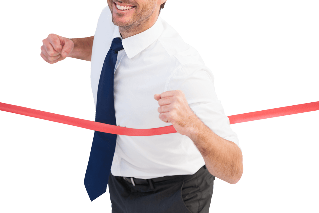 Transparent Businessman Crossing Finish Line Smiling in Suit and Tie