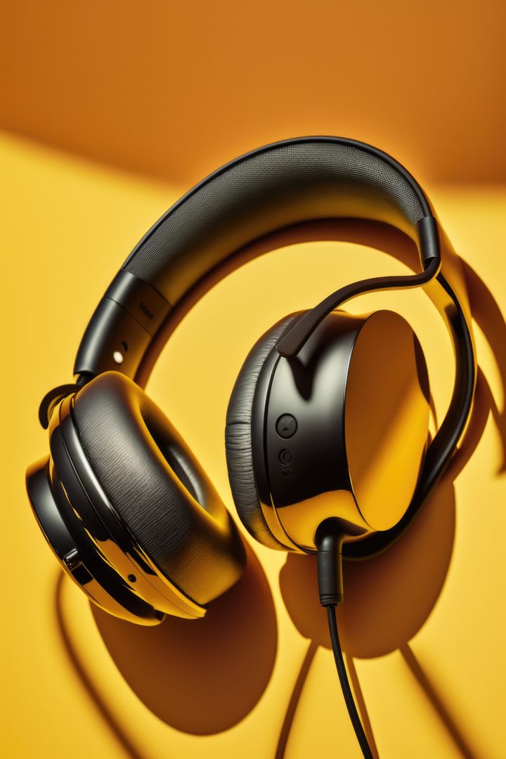 Close up of black headphones with wire on yellow background created using generative ai technology - Free Images, Stock Photos and Pictures on Pikwizard.com