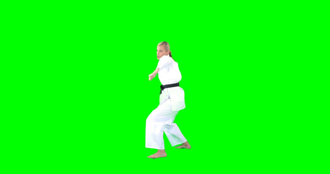 Female Martial Artist Practicing a Karate Pose on Green Background - Free Images, Stock Photos and Pictures on Pikwizard.com