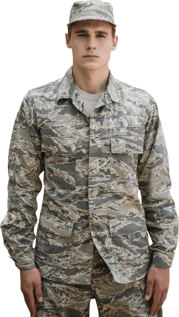 Confident Soldier in Transparent Military Uniform