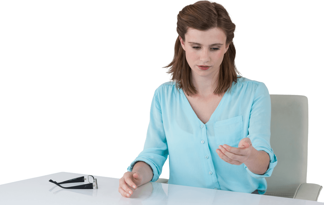 Transparent Businesswoman Interacting with Virtual Screen at Desk