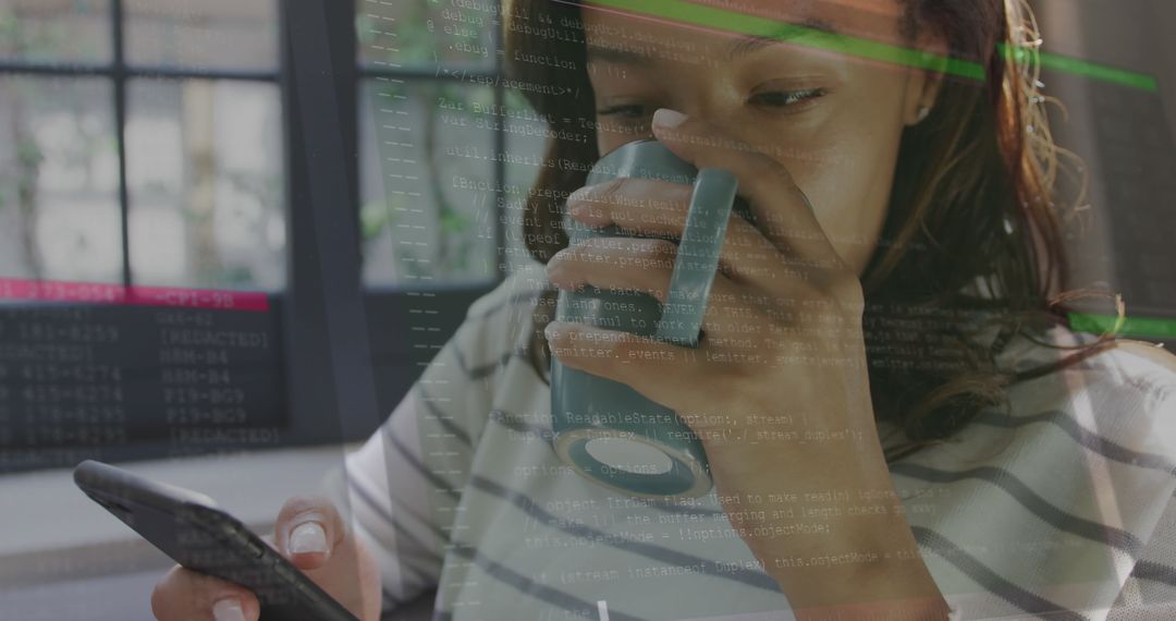Woman Multitasking with Smartphone and Coffee Amidst Digital Interface