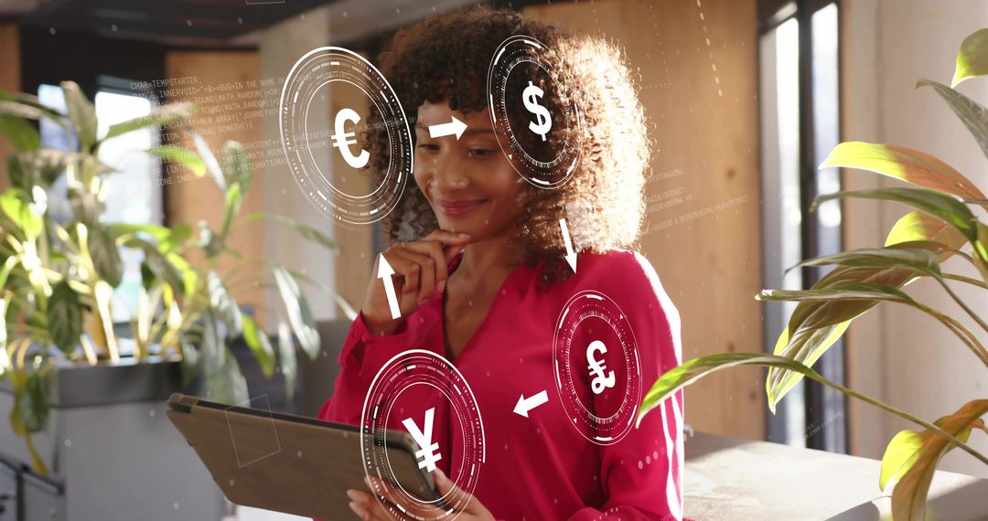 Businesswoman Analyzing Digital Currency with Virtual Interface