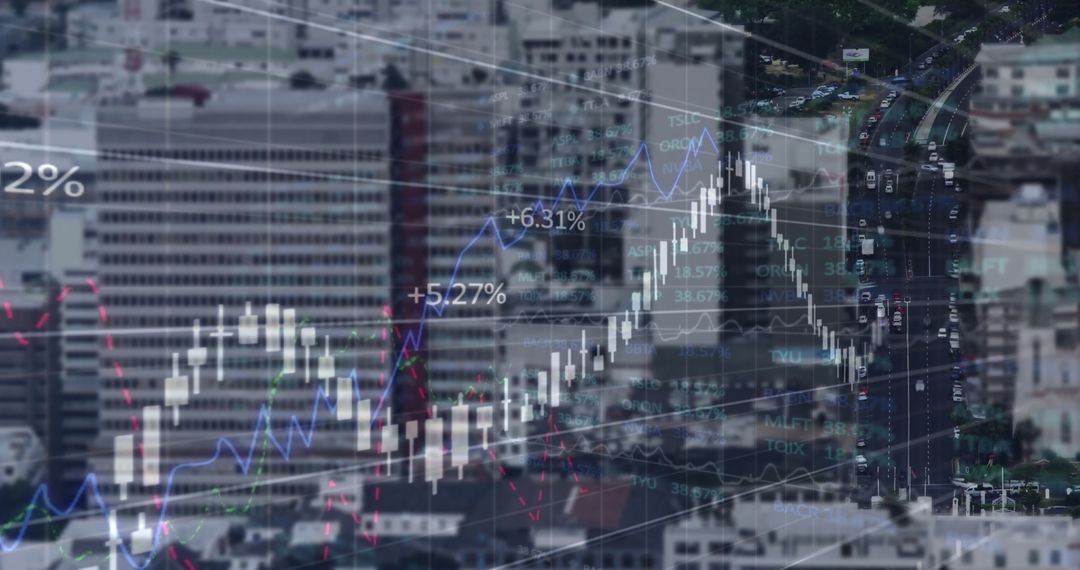 Digital Stock Market Analysis Overlaid on Urban Skyline