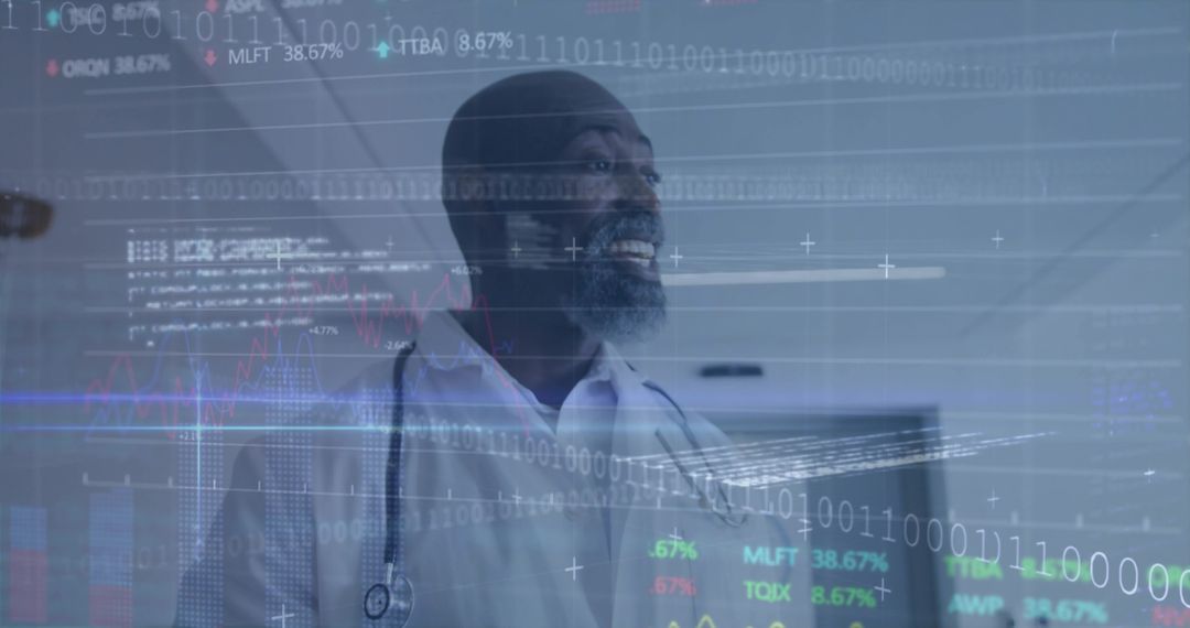 Doctor Analyzing Healthcare Data with Digital Interface Overlays