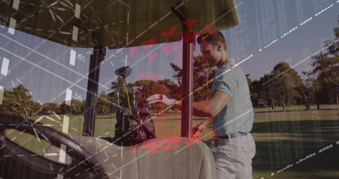 Golfer Choosing Club with Stock Market Overlay in Sunny Field