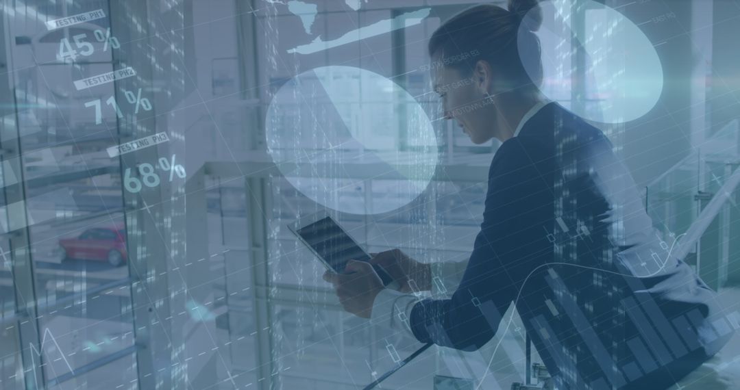 Businesswoman Analyzing Financial Data with Technological Interface