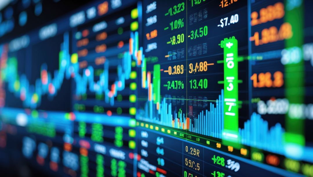 Digital Trading Screen with Market Data and Candlestick Charts