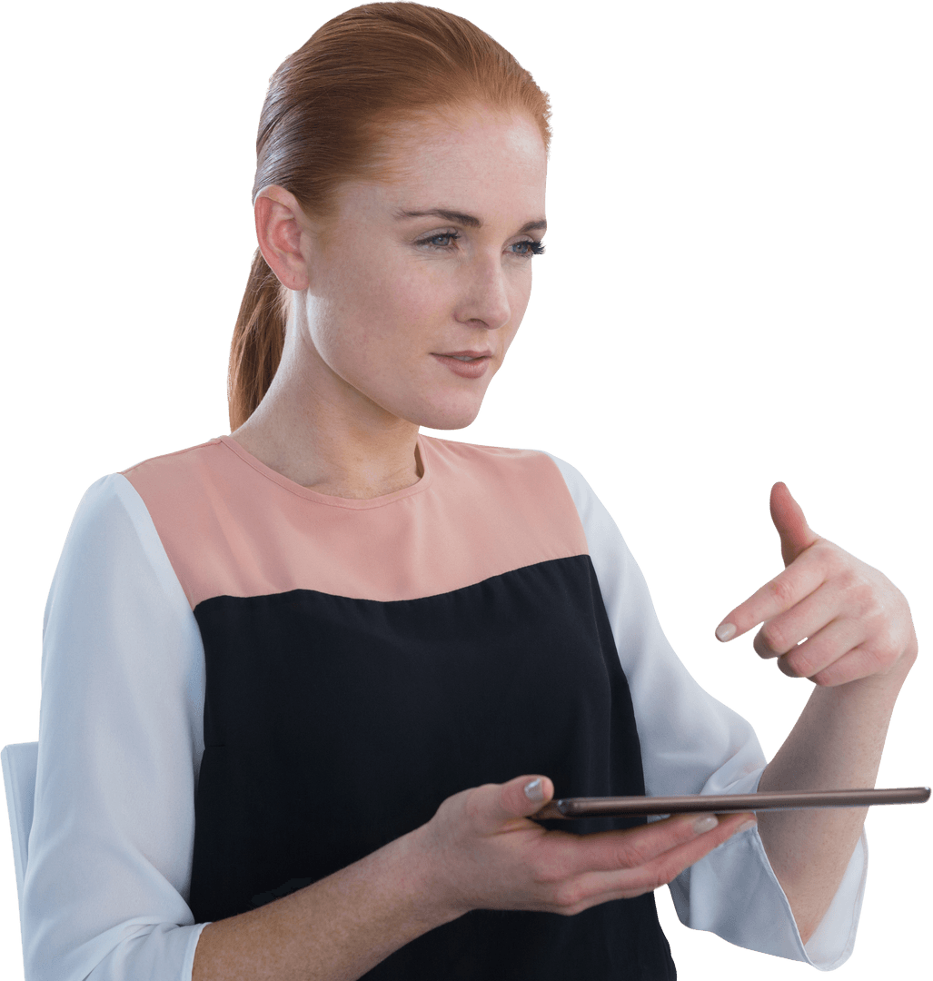Businesswoman in Profile Holding Transparent Tablet Device